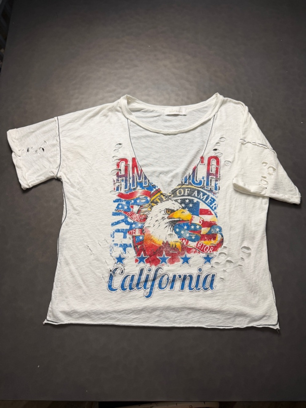 American Eagle USA Graphic Tee Distressed White Oversized Fit Women's Large